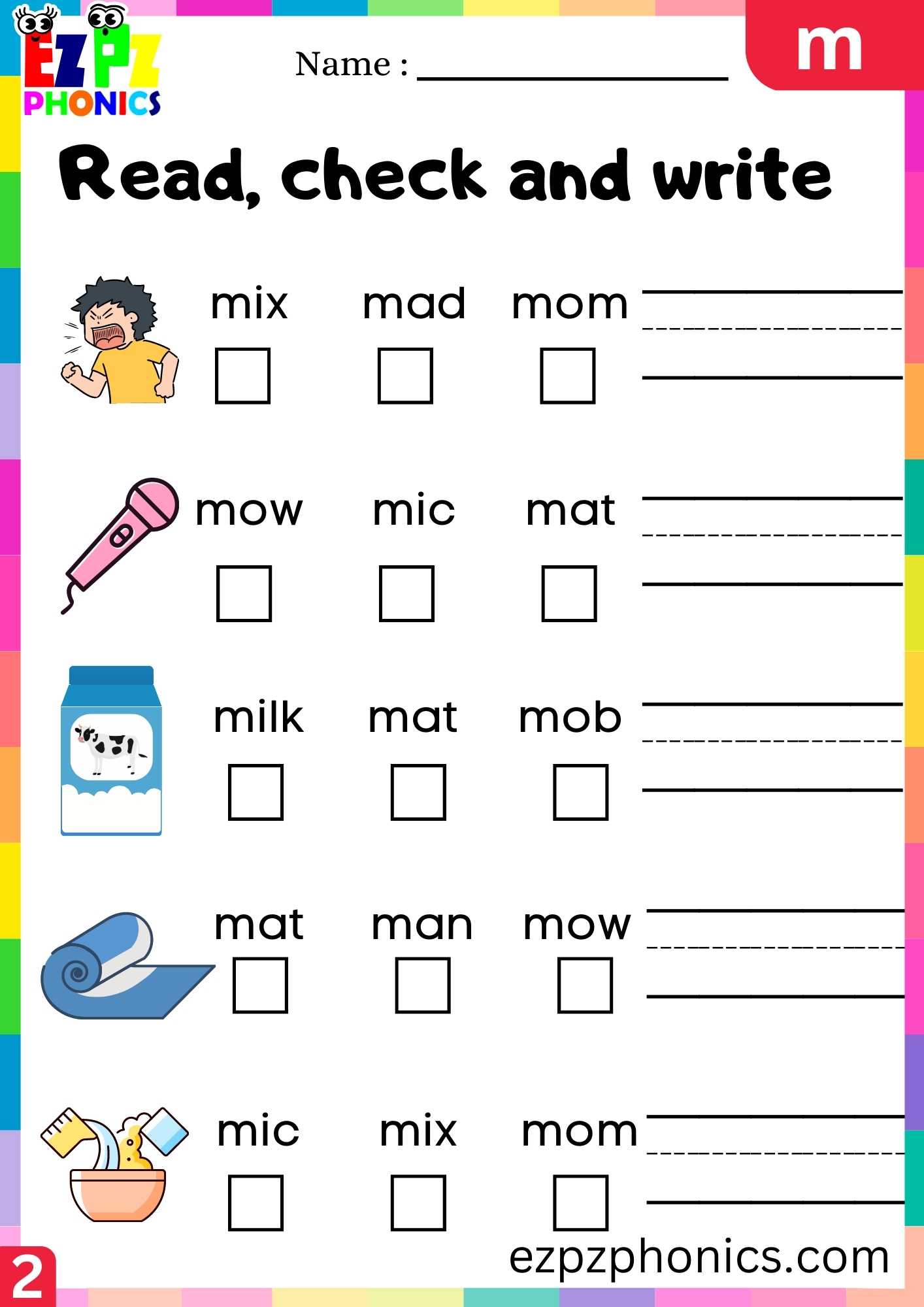 Group2 Letter M Read, Check And Write Beginning Sounds Worksheet
